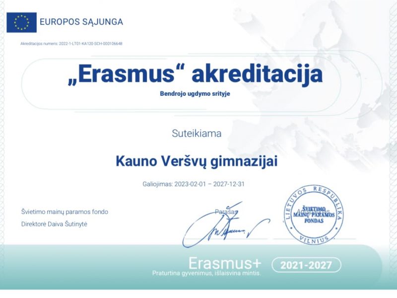 Gimnazijai patvirtinta „Erasmus” akreditacija